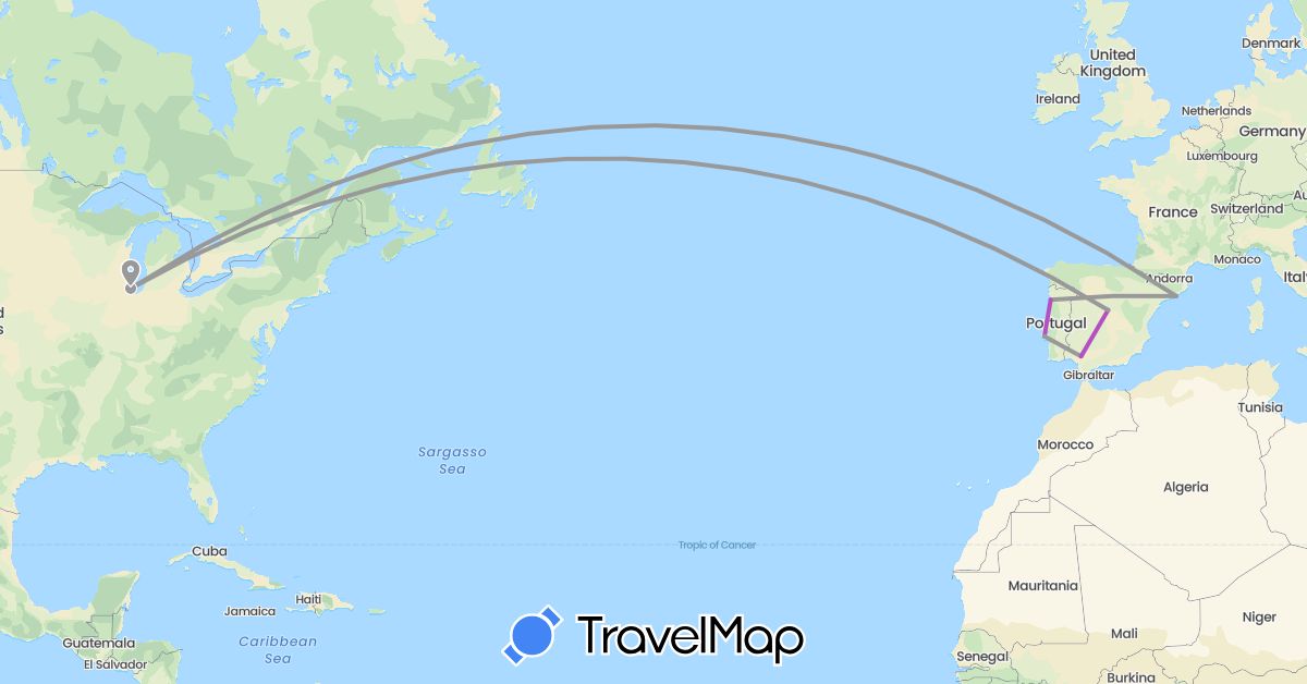 TravelMap itinerary: driving, plane, train in Spain, Portugal, United States (Europe, North America)